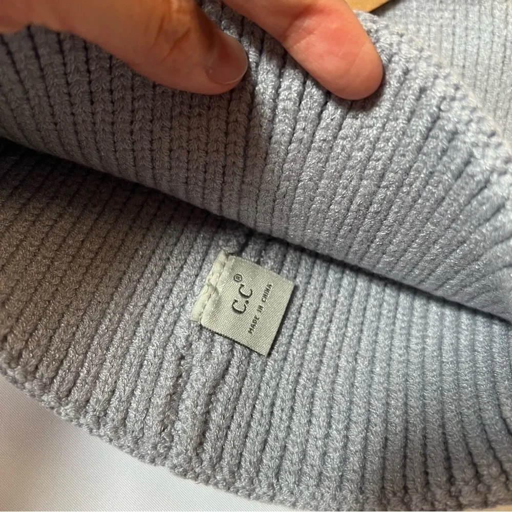 C.C Kids Gray Warm Cozy‎ Rib-Knit Soft Warm Winter Beanie Hat w/ Faux Fur Pompom
